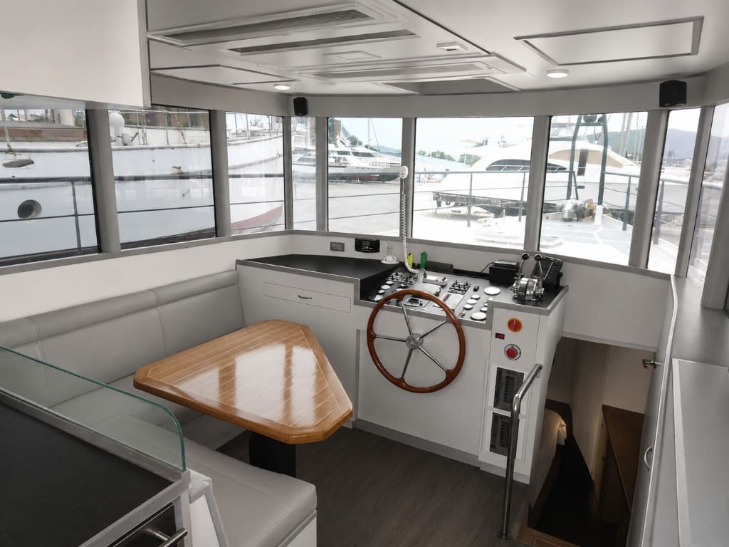 Salón interior con mesa y ventanales al mar
