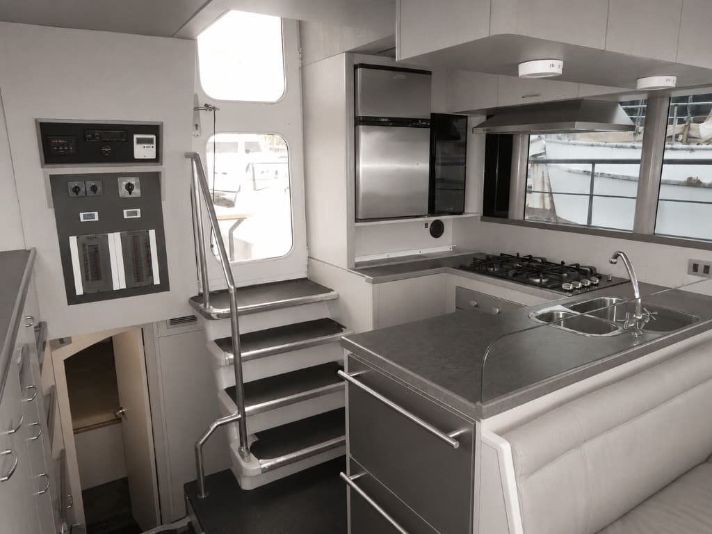 Cocina a bordo con electrodomésticos y mesa